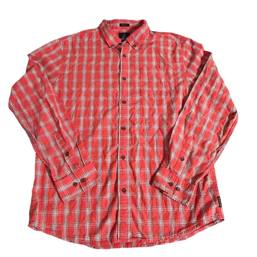 prAna Plaid Button Down Shirt Long Sleeve Slim Fit Coral Orange Men's Large‎